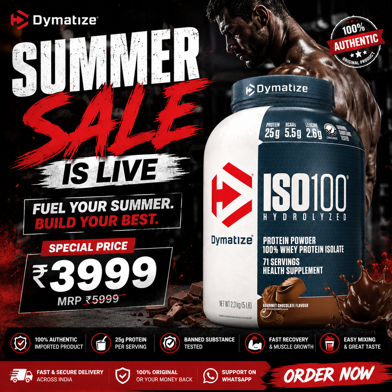 Dymatize ISO100 Whey Protein Isolate, 2.27 kg (5 lb), Gourmet Chocolate